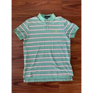 Polo Ralph Lauren Mens Custom Fit Striped Pique Polo Shirt Green Pink Large